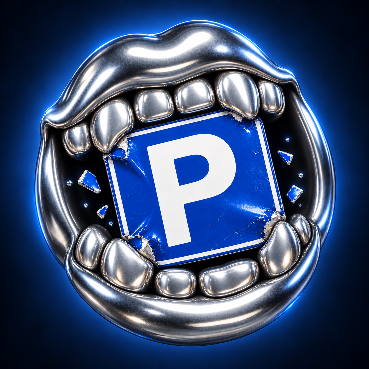 Chrome mouth with metallic teeth biting a cobalt-blue parking sign